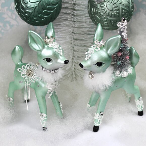 Mint Green Deer Bottle Brush Trees: Christmas Deer and Ornaments Set - Picture 1 of 10